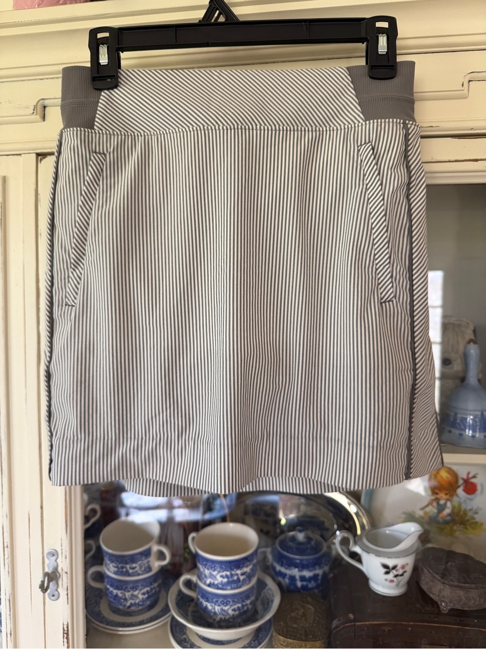 Athleta White and Gray Pinstripe Mini Skirt
